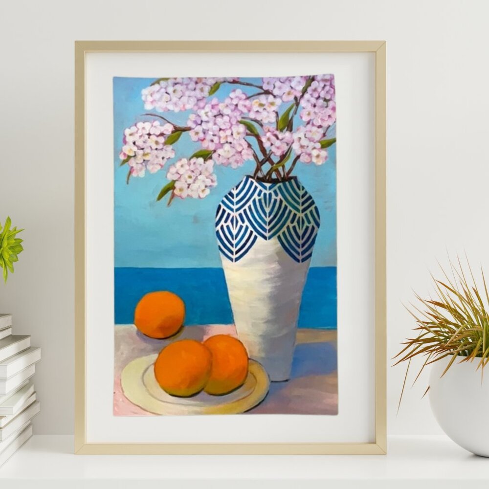 Cherry Blossoms  Oranges and Ocean Views Acrylic Painting for Coastal Charm